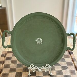 Vintage Green Hand Painted Silver Tray with Handles